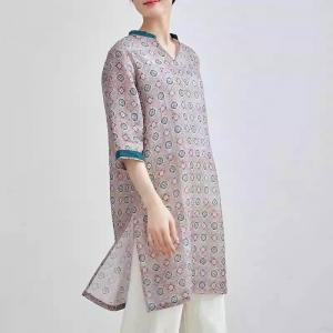 Side Slit Printed Ramie Loose Long Tunic