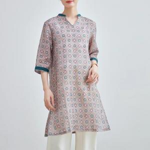 Side Slit Printed Ramie Loose Long Tunic
