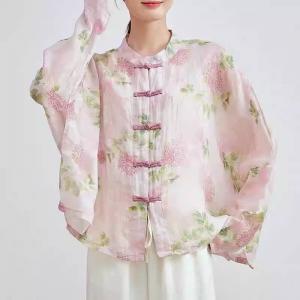 Pink Peony Frog Buttons Plus Size Ethnic Blouse