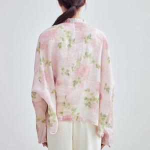 Pink Peony Frog Buttons Plus Size Ethnic Blouse
