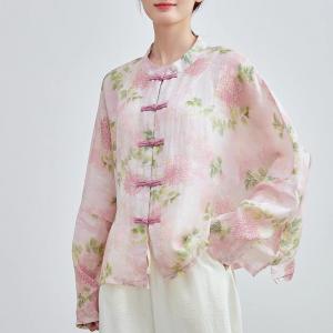 Pink Peony Frog Buttons Plus Size Ethnic Blouse