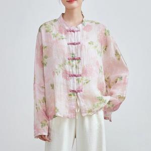Pink Peony Frog Buttons Plus Size Ethnic Blouse