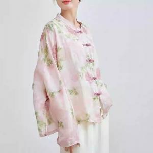 Pink Peony Frog Buttons Plus Size Ethnic Blouse