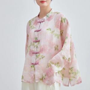 Pink Peony Frog Buttons Plus Size Ethnic Blouse