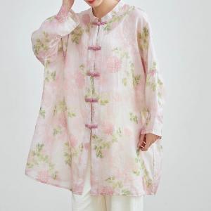 Chinese Buttons Plus Size Pink Flowers Linen Tunic