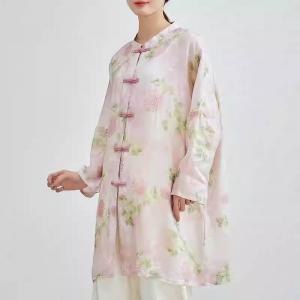 Chinese Buttons Plus Size Pink Flowers Linen Tunic