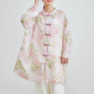 Chinese Buttons Plus Size Pink Flowers Linen Tunic