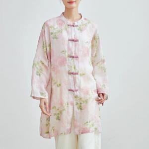 Chinese Buttons Plus Size Pink Flowers Linen Tunic
