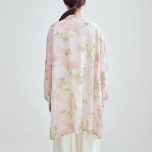 Chinese Buttons Plus Size Pink Flowers Linen Tunic