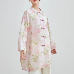 Chinese Buttons Plus Size Pink Flowers Linen Tunic