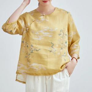 Chinese Ink Painting Ramie Yellow Cheongsam Blouse