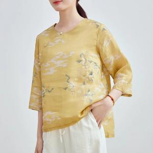 Chinese Ink Painting Ramie Yellow Cheongsam Blouse