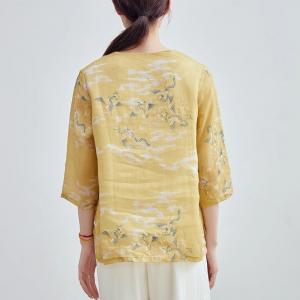 Chinese Ink Painting Ramie Yellow Cheongsam Blouse