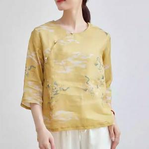 Chinese Ink Painting Ramie Yellow Cheongsam Blouse
