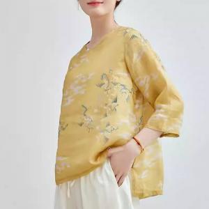 Chinese Ink Painting Ramie Yellow Cheongsam Blouse