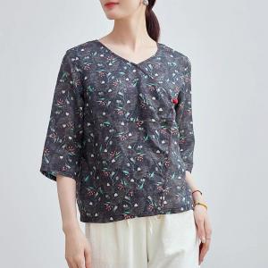 Oriental Chic Ramie Floral Wrap  Blouse