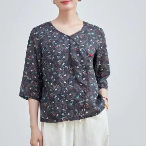 Oriental Chic Ramie Floral Wrap  Blouse