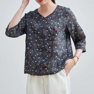 Oriental Chic Ramie Floral Wrap  Blouse
