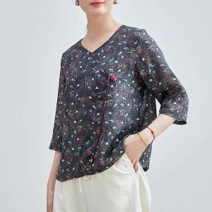 Oriental Chic Ramie Floral Wrap  Blouse