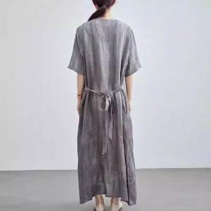Sand Wash Linen Loose Maxi Tied Grey Dress