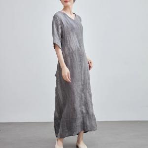 Sand Wash Linen Loose Maxi Tied Grey Dress