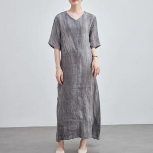 Sand Wash Linen Loose Maxi Tied Grey Dress