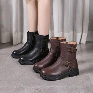 Winter Plush Lining Cowhide Leather Midi Boots