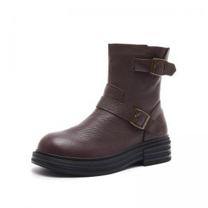 Winter Plush Lining Cowhide Leather Midi Boots