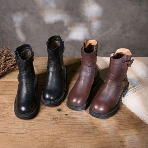 Winter Plush Lining Cowhide Leather Midi Boots