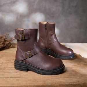 Winter Plush Lining Cowhide Leather Midi Boots