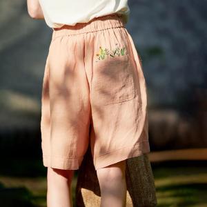 Floral Embroidery Linen Pastel Orange Wide Leg Shorts