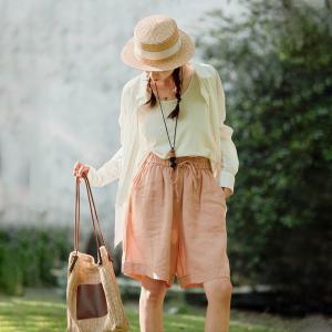 Floral Embroidery Linen Pastel Orange Wide Leg Shorts