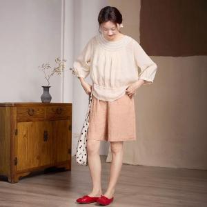 Floral Embroidery Linen Pastel Orange Wide Leg Shorts