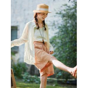 Floral Embroidery Linen Pastel Orange Wide Leg Shorts