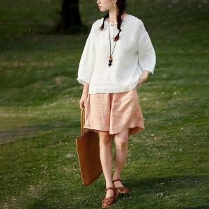 Floral Embroidery Linen Pastel Orange Wide Leg Shorts