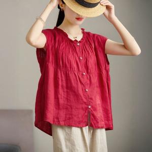 Short Sleeves Ruffled Red Linen Peasant Blouse