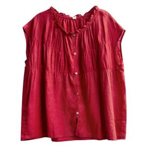 Short Sleeves Ruffled Red Linen Peasant Blouse