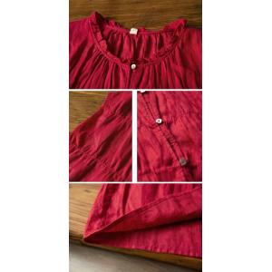 Short Sleeves Ruffled Red Linen Peasant Blouse