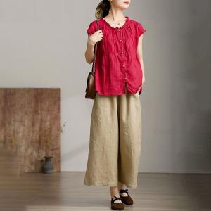 Short Sleeves Ruffled Red Linen Peasant Blouse