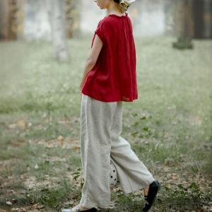 Short Sleeves Ruffled Red Linen Peasant Blouse