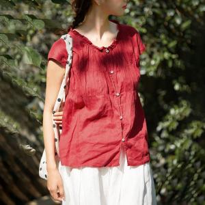 Short Sleeves Ruffled Red Linen Peasant Blouse