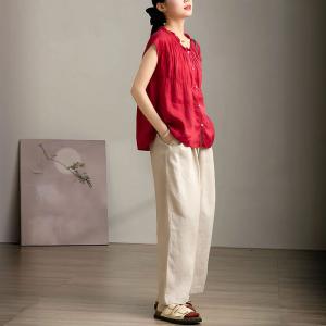 Short Sleeves Ruffled Red Linen Peasant Blouse