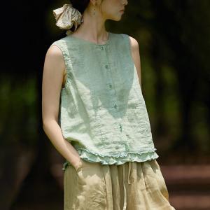 Cottagecore Style Ruffled Hem Linen Green Vest