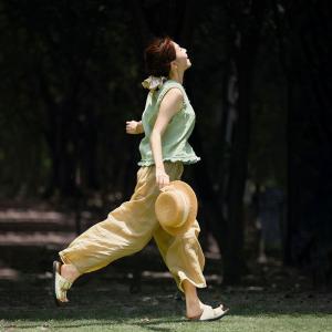 Cottagecore Style Ruffled Hem Linen Green Vest