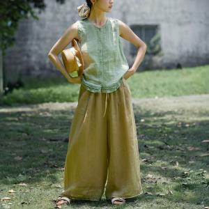 Cottagecore Style Ruffled Hem Linen Green Vest