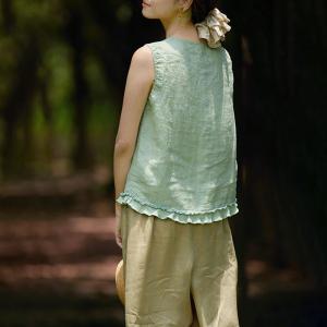 Cottagecore Style Ruffled Hem Linen Green Vest