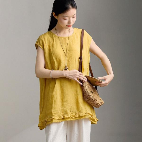 Casual 100% Linen Short Sleeve Round Neck Solid Color Yellow tropical comfy lazy day 90s rustic cottagecore