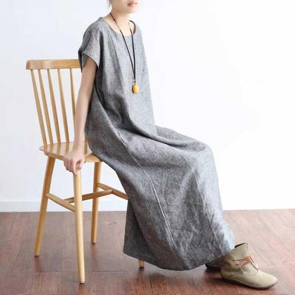 Short Sleeves Loose Gray Linen Shift Dress