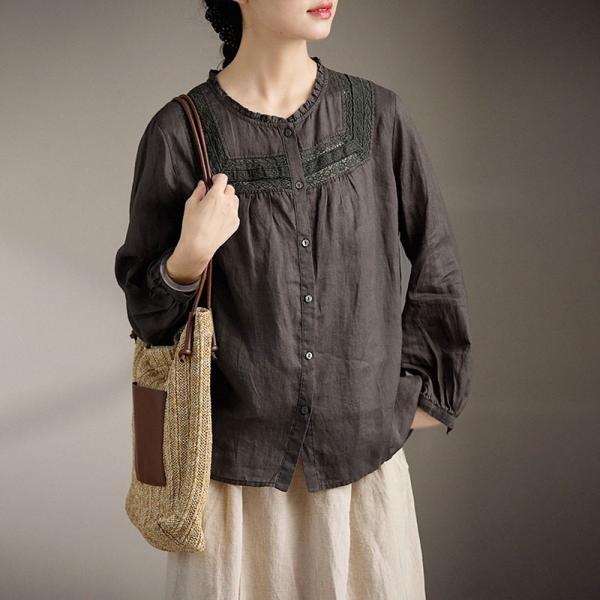 Casual 100% Ramie Long Sleeve Round Neck Solid Color Dark Gray comfy oversized lazy day 90s