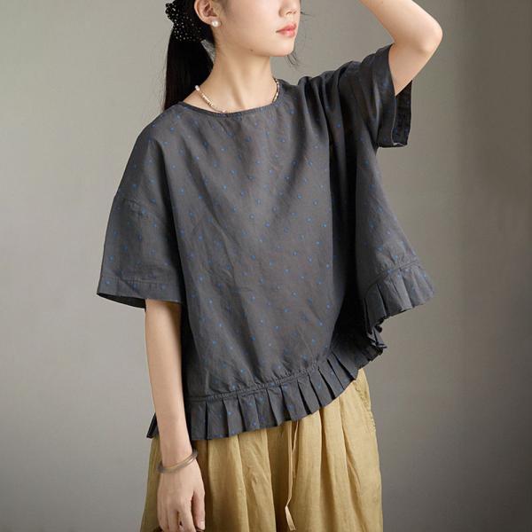 Casual Cotton Linen Short Sleeve Round Neck Polka Dot Dark Gray comfy oversized lazy day 90s rustic cottagecore